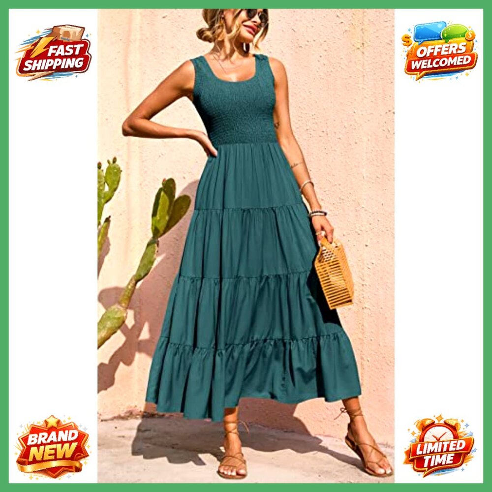 Women's Smocked Tank Maxi Dress Tiered Casual Beach Spring Sleeveless - Picture 5 of 7